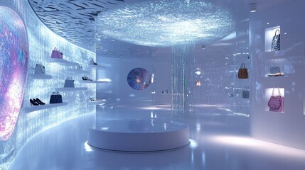 Aufkleber - A futuristic retail space showcasing luxury items with a sleek, digital aesthetic.