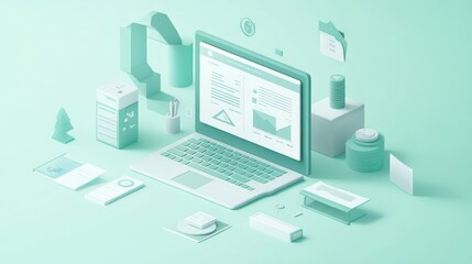 Aufkleber - A minimalist workspace featuring a laptop and various office supplies in a soft color palette.