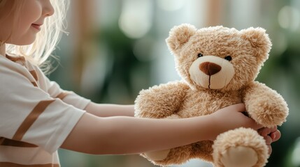 Wall Mural - A young girl holds a fluffy teddy bear with a big smile, capturing a heartwarming moment full of affection, warmth, and a sense of childhood wonder and comfort.