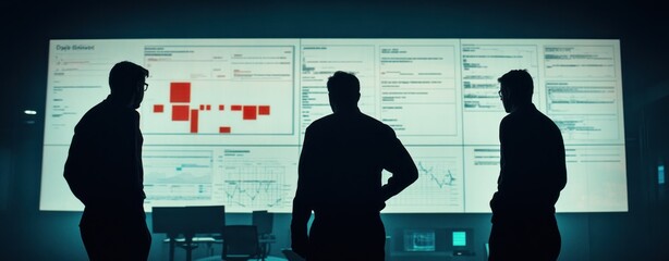 Poster - Three silhouettes observing data on a large screen in a darkened room.