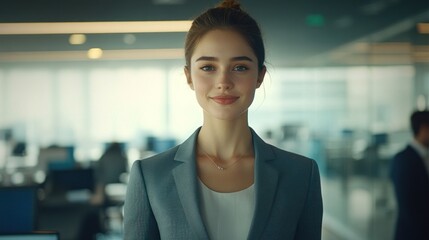 Poster - A confident woman in a professional outfit stands in a modern office setting.