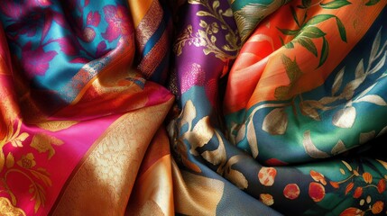 Aufkleber - A vibrant collection of luxurious silk sarees, with exquisite patterns and rich colors, displaying the elegance of Indian textile art