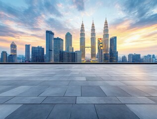 Poster - A city skyline at sunset featuring iconic towers and a clear foreground.