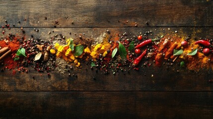Poster - A vibrant display of various colorful spices like turmeric, cumin, and chili pepper scattered on a rustic wooden table, showcasing the richness of Indian flavors