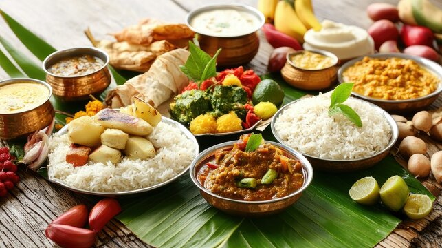 A vibrant Onam sadhya, with various South Indian vegetarian dishes, rice, and curries served on a banana leaf, a festive Kerala meal
