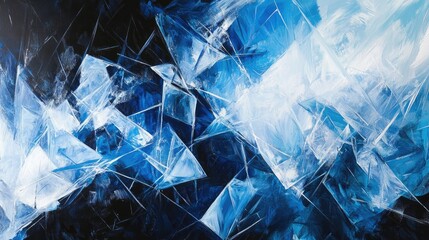 Poster - Abstract close-up of intricate, glowing ice crystal patterns, with translucent geometric shapes in shades of blue, black, and white, evoking a wintery frozen landscape.