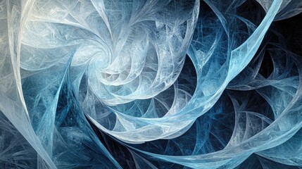 Poster - Abstract close-up of intricate, glowing ice crystal patterns, with translucent geometric shapes in shades of blue, black, and white, evoking a wintery frozen landscape.