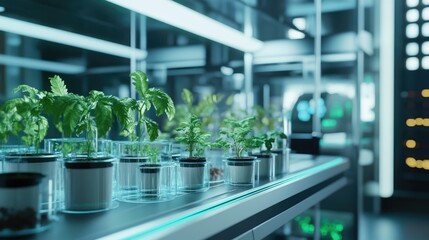 Poster - Advanced lab setup with glass containers and small plants growing, showcasing cutting-edge research in a futuristic controlled environment with artificial lighting.
