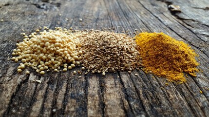 Poster - An artistic shot of various spices like cumin, coriander, and turmeric on a wooden surface, displaying the natural beauty and color of Indian ingredients