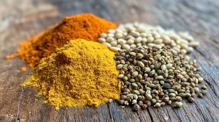 Poster - An artistic shot of various spices like cumin, coriander, and turmeric on a wooden surface, displaying the natural beauty and color of Indian ingredients