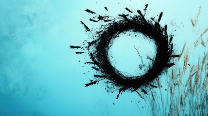 Poster - Artistic double exposure combining a black wreath and wheat elements on a bright blue background, perfect for creative visuals and design inspiration