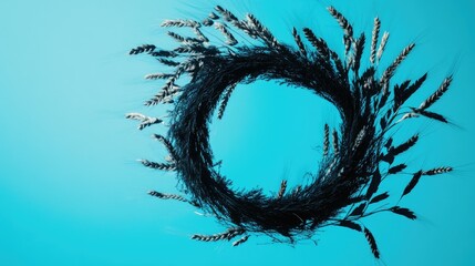 Poster - Artistic double exposure combining a black wreath and wheat elements on a bright blue background, perfect for creative visuals and design inspiration