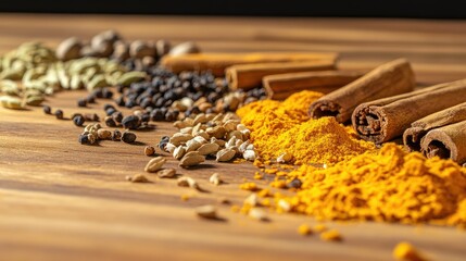 Poster - Assorted vibrant spices such as cardamom, turmeric, and cinnamon spread across a wooden table, highlighting the rich colors and flavors of traditional cooking