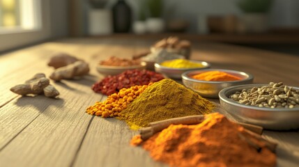 Poster - Assorted vibrant spices such as cardamom, turmeric, and cinnamon spread across a wooden table, highlighting the rich colors and flavors of traditional cooking