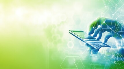 Fototapete - A hand interacting with a smartphone, surrounded by digital elements and a gradient background.