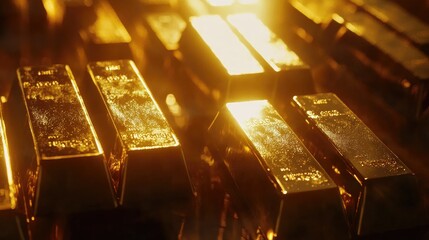 Aufkleber - Close shot of shining gold bars with a banking theme in the backdrop, illustrating investment opportunities and wealth management strategies