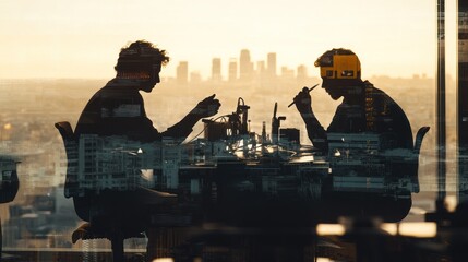 Poster - Two silhouettes dining against a city skyline at sunset, capturing a moment of connection.