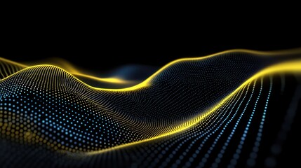 Fototapete - Abstract digital waves with glowing lines and dots on a dark background.