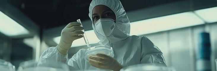 Aufkleber - A scientist in protective gear conducts a laboratory experiment with a pipette and petri dish.
