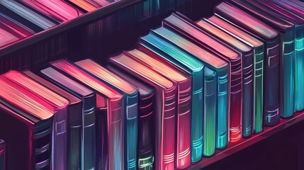 Poster - A colorful collection of books on a shelf, showcasing diverse spines and vibrant hues.