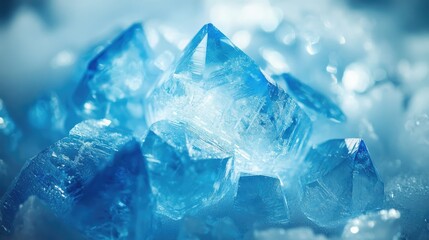 Poster - Close-up of glowing blue and white shattered ice crystals, showcasing intricate fractal patterns that evoke the cold and beauty of winter
