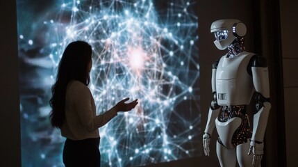 Poster - In a futuristic exhibition, a woman engages in conversation with a humanoid robot.