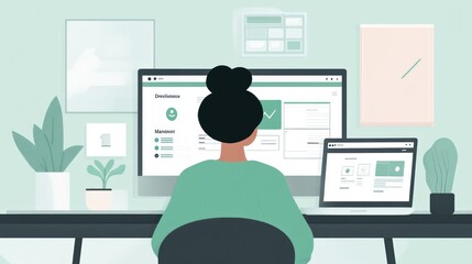 Aufkleber - A person working at a desk with two computer screens, surrounded by plants in a modern workspace.