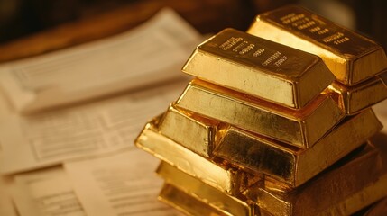Aufkleber - Close-up shot of gold bars stacked together with a background of financial documents, symbolizing wealth, banking, and high-value investments