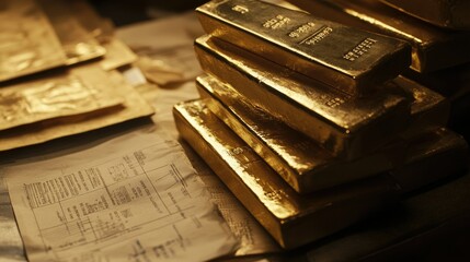 Aufkleber - Close-up shot of gold bars stacked together with a background of financial documents, symbolizing wealth, banking, and high-value investments