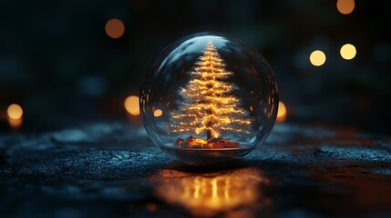 Wall Mural - Luminous Christmas tree glowing softly inside a transparent glass ball festive scene
