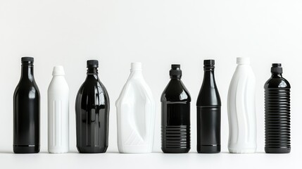 Poster - Collection of black and white plastic bottles isolated on white, featuring various designs and ample space for product display or creative branding