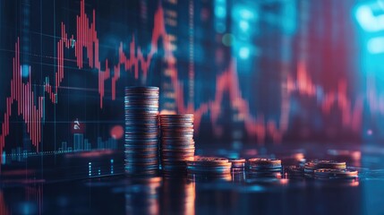Poster - Coins stacked neatly on a desk with a background of financial graphs, symbolizing the growth of savings and the power of smart investment decisions