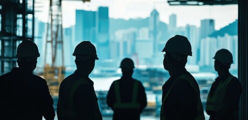 Poster - Silhouettes of workers in hard hats against a city skyline during construction.