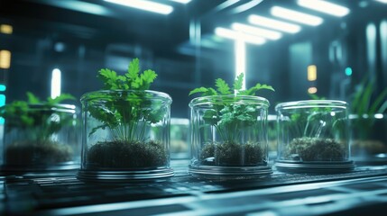 Poster - Controlled environment in a futuristic lab, with glass containers housing plants under artificial lighting, symbolizing advanced research in plant growth.