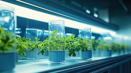 Poster - Controlled environment in a futuristic lab, with glass containers housing plants under artificial lighting, symbolizing advanced research in plant growth.
