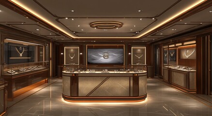 Poster - Elegant jewelry store interior showcasing displays and a central counter.