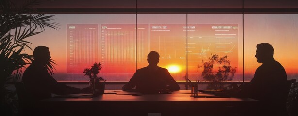 Poster - Professionals discussing data against a sunset backdrop in a modern office setting.