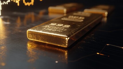 Aufkleber - Gold bars displayed on a polished surface with financial graphs in the background, representing financial growth, banking, and investment strategies