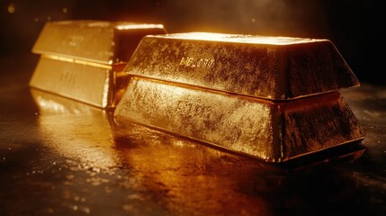 Aufkleber - Gold bars displayed on a polished surface with financial graphs in the background, representing financial growth, banking, and investment strategies