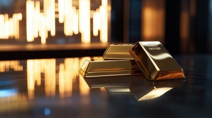 Aufkleber - Gold bars displayed on a polished surface with financial graphs in the background, representing financial growth, banking, and investment strategies