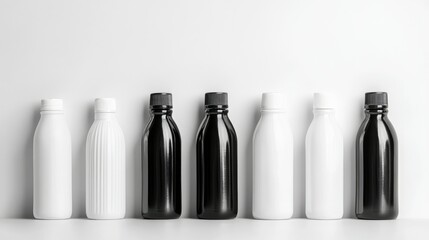 Poster - Group of black and white plastic bottles on a plain white background, designed for product display with different shapes and sizes, leaving space for copy or branding
