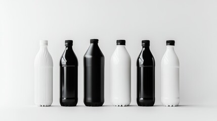 Poster - Group of black and white plastic bottles on a plain white background, designed for product display with different shapes and sizes, leaving space for copy or branding