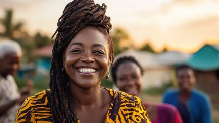 A woman with beautiful dreadlocks smiles confidently, dressed in exquisite patterns. She is part of a group, set against the backdrop of a lively outdoor scene.