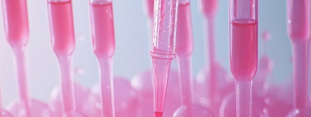 Aufkleber - Close-up of pink liquid in pipettes, suggesting laboratory or scientific research.