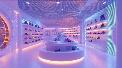 Poster - Modern shoe store interior showcasing various footwear with vibrant lighting.