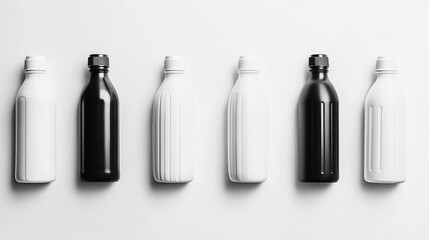 Poster - Set of black and white plastic bottles arranged on a white background, perfect for product display and advertising with ample copy space