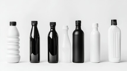 Poster - Set of black and white plastic bottles isolated on a white background for product display, showcasing various shapes and sizes with ample space for branding