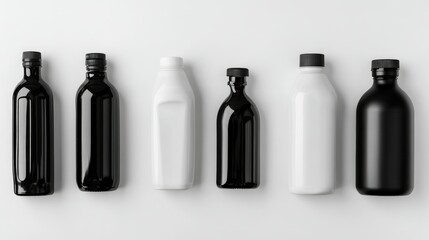 Poster - Set of black and white plastic bottles arranged on a white backdrop, showcasing various shapes and sizes, with plenty of copy space for branding or text