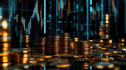 Aufkleber - Stacks of coins growing steadily with financial graphs in the background, symbolizing growing savings, investment returns, and financial success