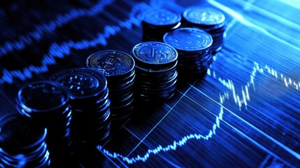 Aufkleber - Stacks of coins growing steadily with financial graphs in the background, symbolizing growing savings, investment returns, and financial success